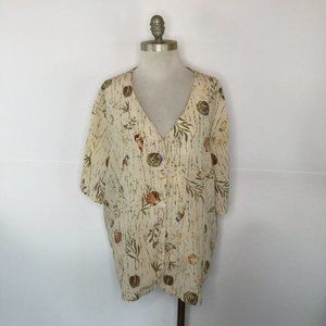 Maggie Barnes Blouse Women 24W Brown V-Neck Button Up Seashells Short Sleeve